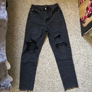 SHEIN Black Straight Leg Distressed Jeans